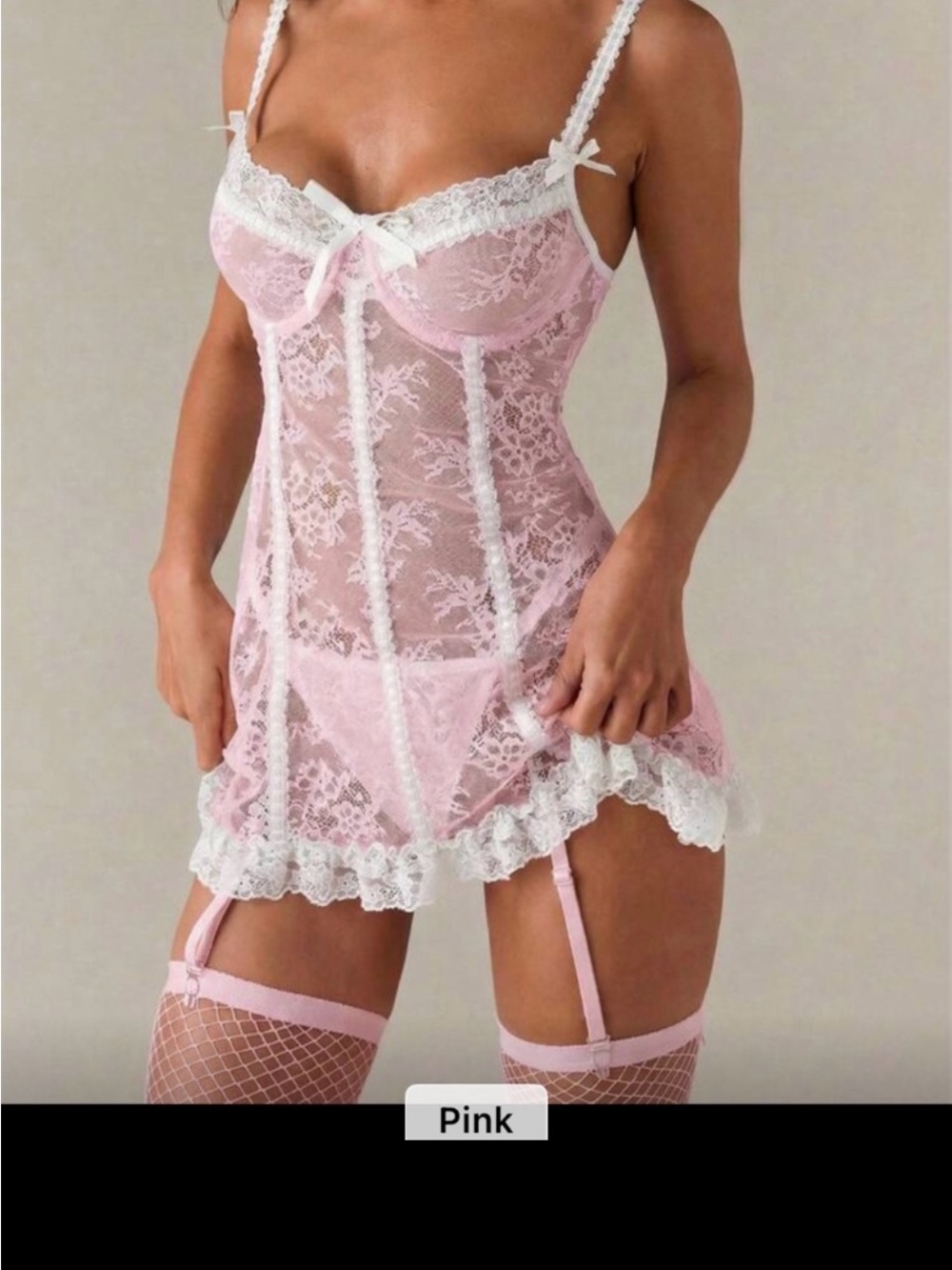 Pink Lace Chemise Babydoll with Garter Straps 4 piece set